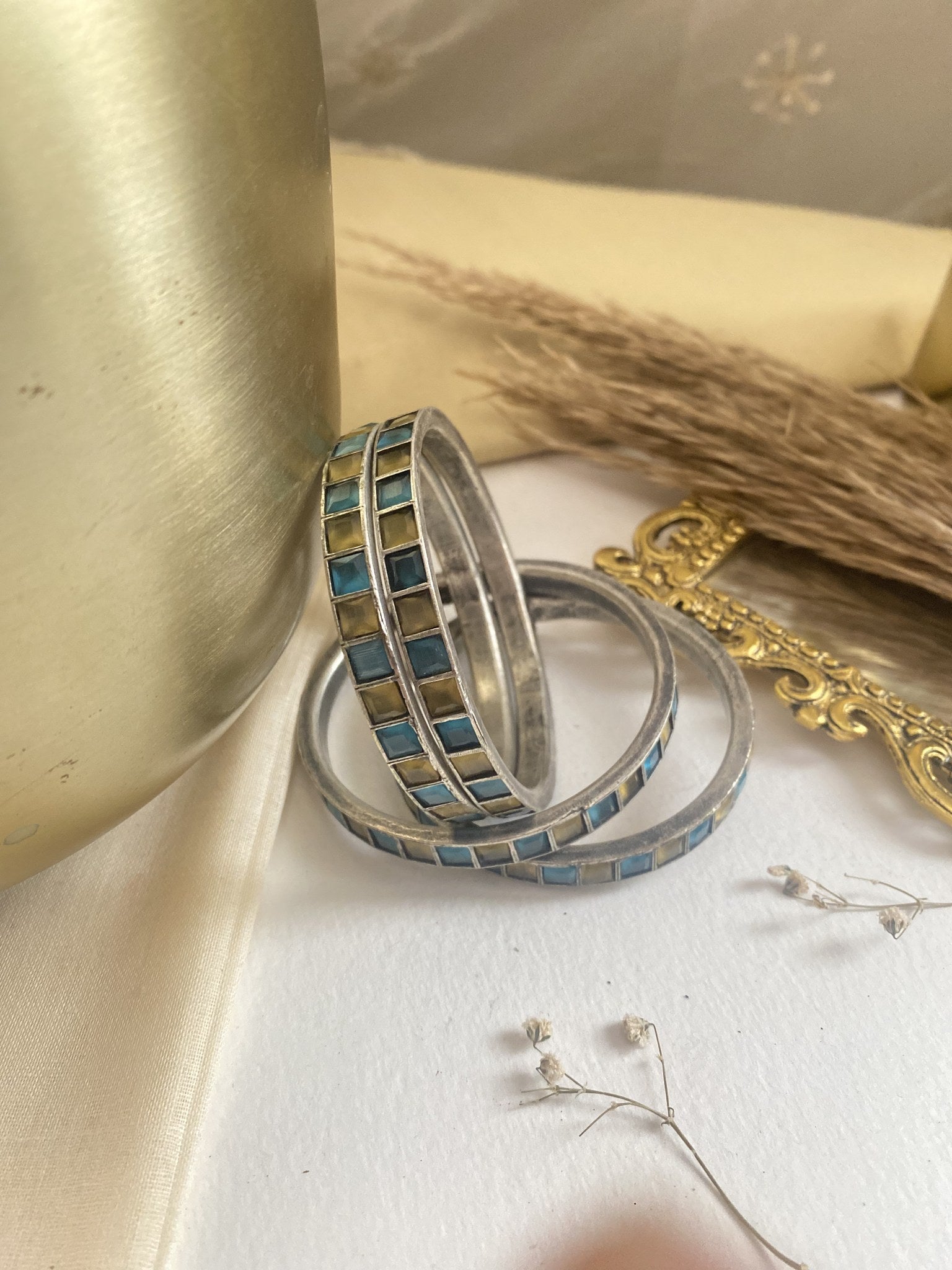 Teal and Yellow Stone Bangle - handcrafted brass jewellery by Aabhushan